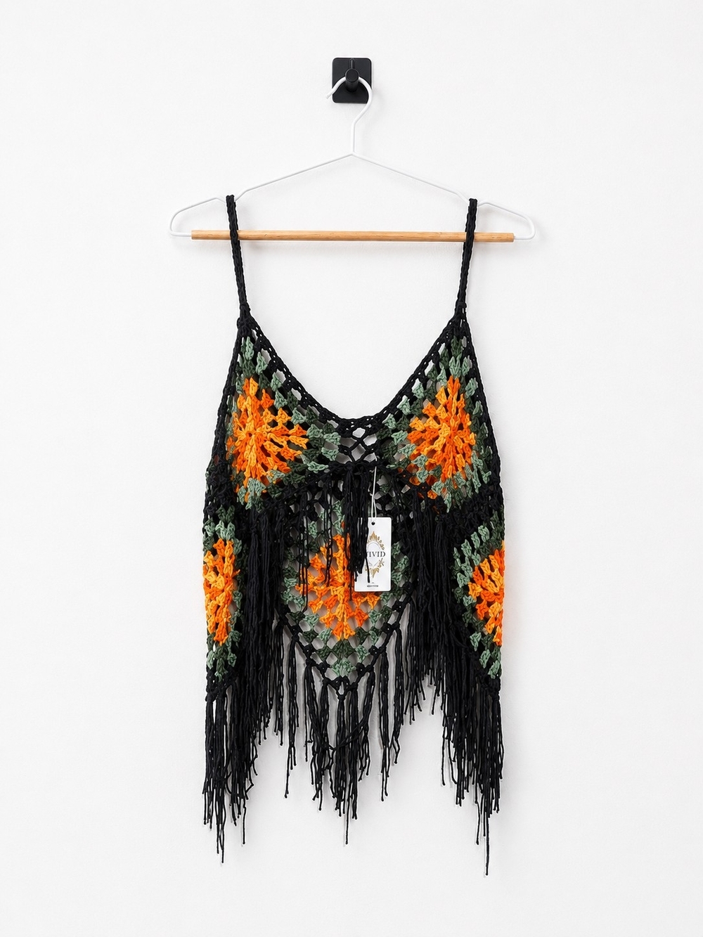 Black Crochet Fringe Tank with Orange & Green Medallions - Picture 2 of 2